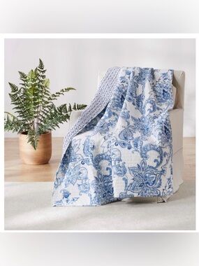 Quilted Throw Blanket Reversible 100% Cotton Floral Paisley - Blue